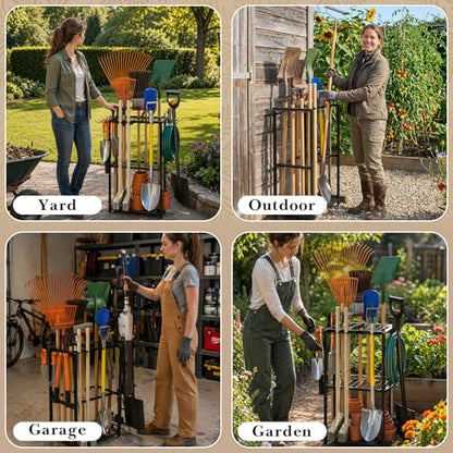 Garden Tool Organizer, 3-Tier Metal Yard Tool Rack with 14 Hooks & 5 Slots, Holds 50+ Rakes/Shovels/Brooms, Heavy Duty Freestanding Lawn Tool Storage for Garage Shed Outdoor Organization