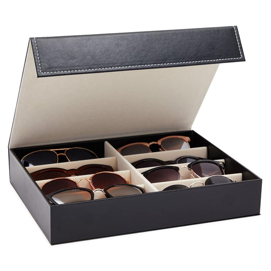 Juvale Glasses Case Organizer - 8-Slot, 12.6 x 9.8 x 2.5 in, Black Faux Leather - Sunglasses Storage & Holder for Nightstand & Desk - Flip-Top Display Case