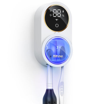 Bitvae Upgraded Tooth Brush Holder for Bathroom 2.0 Infrared Sensing | Toothbrush Cleaner, Wall-Mounted for Most Size Toothbrushes, Air Drying, LED Smart Screen, White Gold Trim
