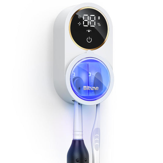 Bitvae Upgraded Tooth Brush Holder for Bathroom 2.0 Infrared Sensing | Toothbrush Cleaner, Wall-Mounted for Most Size Toothbrushes, Air Drying, LED Smart Screen, White Gold Trim