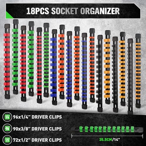 SWANLAKE Socket Organizer Set 18-Piece, 1/4-Inch x 96 Clips, 3/8-Inch x 90 Clips, 1/2-Inch x 72 Clips, Socket Organizer for Tool Box Drawer, Drive Socket Trays, Socket Holder Clip Rail