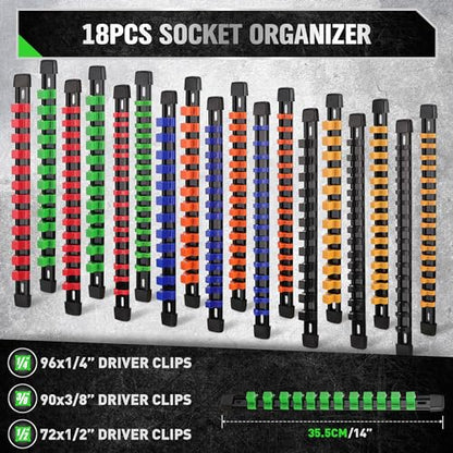 SWANLAKE Socket Organizer Set 18-Piece, 1/4-Inch x 96 Clips, 3/8-Inch x 90 Clips, 1/2-Inch x 72 Clips, Socket Organizer for Tool Box Drawer, Drive Socket Trays, Socket Holder Clip Rail