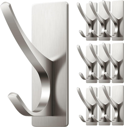 10 Pack Self Adhesive Towel Hooks: Extra Strong 13LB, Stainless Hook for Hanging Loofah, Towels, Coat, Bath Robe Bathroom Shower, Brushed Nickel