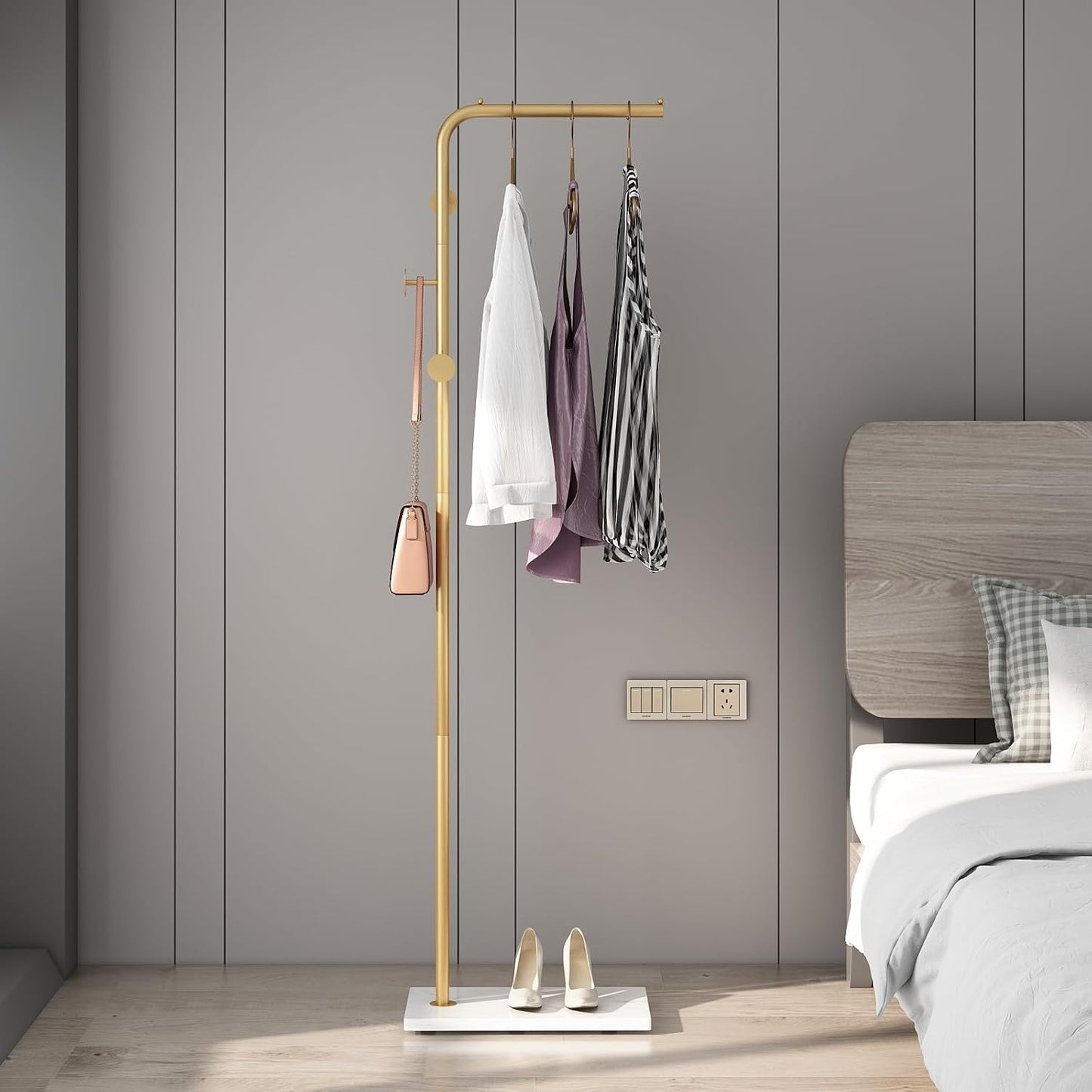 Gold Coat Racks, Metal Coat Racks Freestanding with Crossbar and 3 Hooks, Modern Coat Hanger with Marble Base, L Shaped Coat Stand for Entryway, Bedroom, Living Room, Office