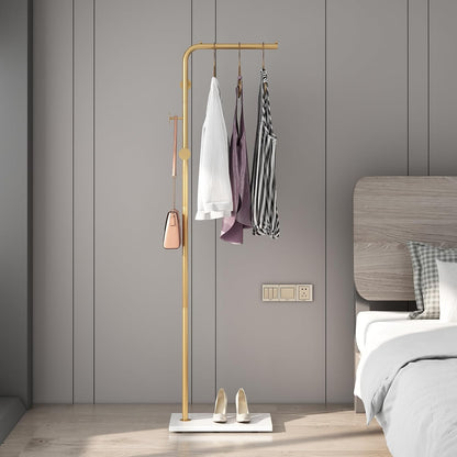 Gold Coat Racks, Metal Coat Racks Freestanding with Crossbar and 3 Hooks, Modern Coat Hanger with Marble Base, L Shaped Coat Stand for Entryway, Bedroom, Living Room, Office