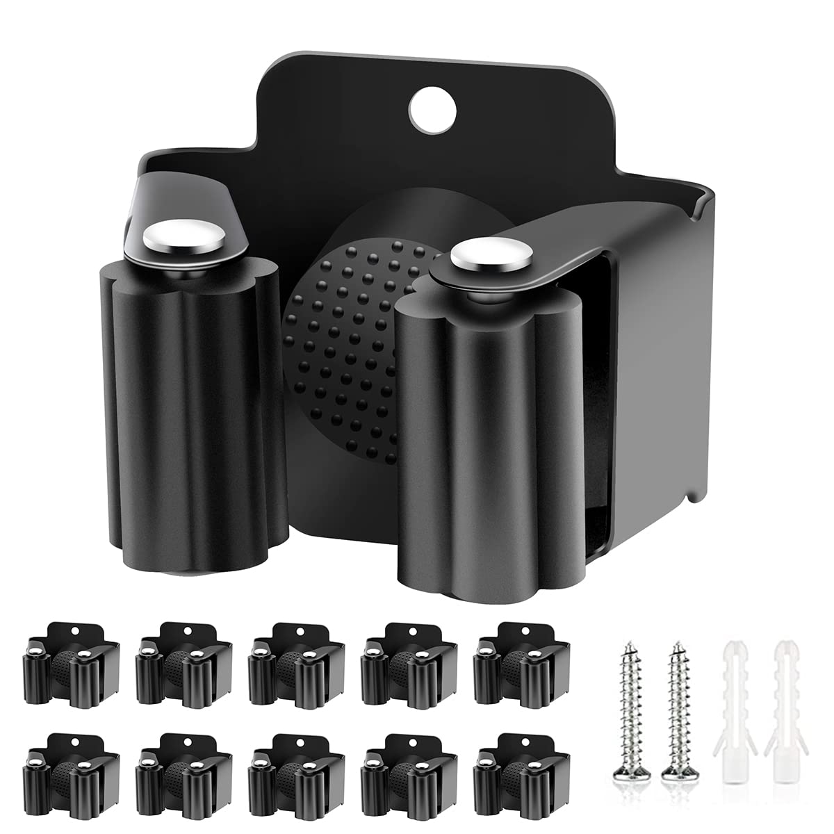 Verdenu 10 Pack Broom Holder Wall Mount, Mop Holder Wall Mounted, Stainless Steel Command Broom Holder with Screws, Garden Tool Rack Wall Mount for Kitchen, Home, Bathroom, Garage Storage, Black