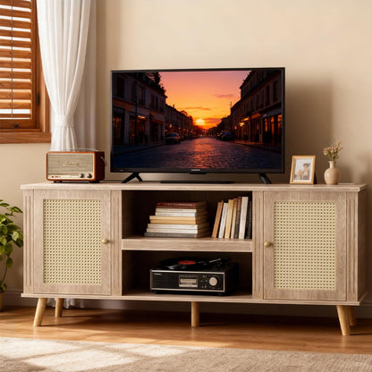 LUCKLIFE Rattan TV Stand for 65 Inch Television with Charging Station,59" Mid Century Modern Entertainment Center, Boho Media Console with Storage Cabinet Open Shelves for Living Room,Natural
