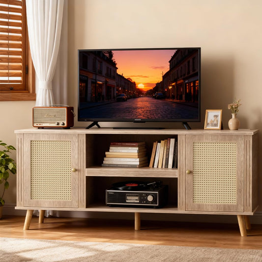 LUCKLIFE Rattan TV Stand for 65 Inch Television with Charging Station,59" Mid Century Modern Entertainment Center, Boho Media Console with Storage Cabinet Open Shelves for Living Room,Natural