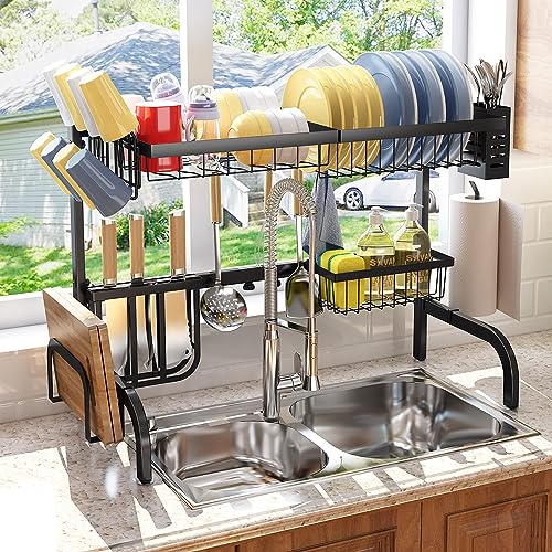 Over The Sink Dish Drying Rack, Adjustable 25.5-33.5 in, 2-Tier, Black | All-in-One Large Capacity, Snap-On Design for Flexible Use, Strong Metal Frame, Non-Slip Feet, Fits Sinks Up to 33" W