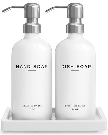 White Glass Hand and Dish Soap Dispenser Set by Brighter Barns - Kitchen Soap Dispenser Set with Tray & Pump for Office, Hotel, Vacation Rental, Airbnb - Modern Kitchen Decor & Accessories (White)