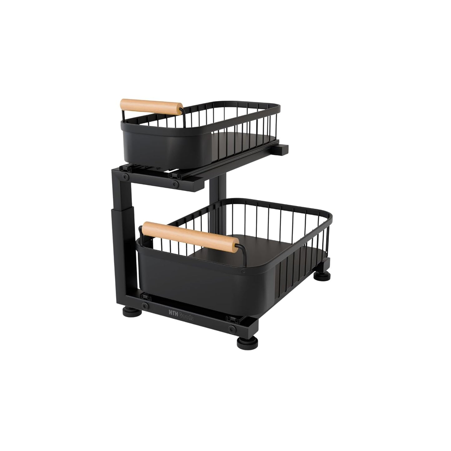 Premium Large Under Sink Organizer, 2-Tier Pull Out, Adjustable | Heavy-duty carbon steel, 7 adjustable heights and smooth ball-bearing sliding baskets for kitchen and bathroom cabinets