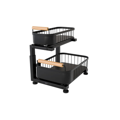 Premium Large Under Sink Organizer, 2-Tier Pull Out, Adjustable | Heavy-duty carbon steel, 7 adjustable heights and smooth ball-bearing sliding baskets for kitchen and bathroom cabinets