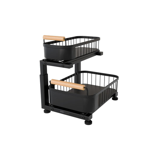 Premium Large Under Sink Organizer, 2-Tier Pull Out, Adjustable | Heavy-duty carbon steel, 7 adjustable heights and smooth ball-bearing sliding baskets for kitchen and bathroom cabinets