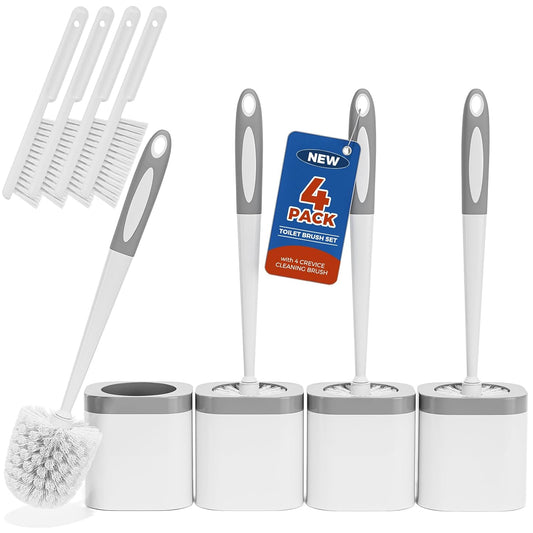 Toilet Brush and Holder Set, Space Saving, 4 Pack, White | Bathroom Accessories, Ergonomic Silicone Handle, Dense Bristles, Deep Cleaning, with 4 Crevice Brushes, Compact Design