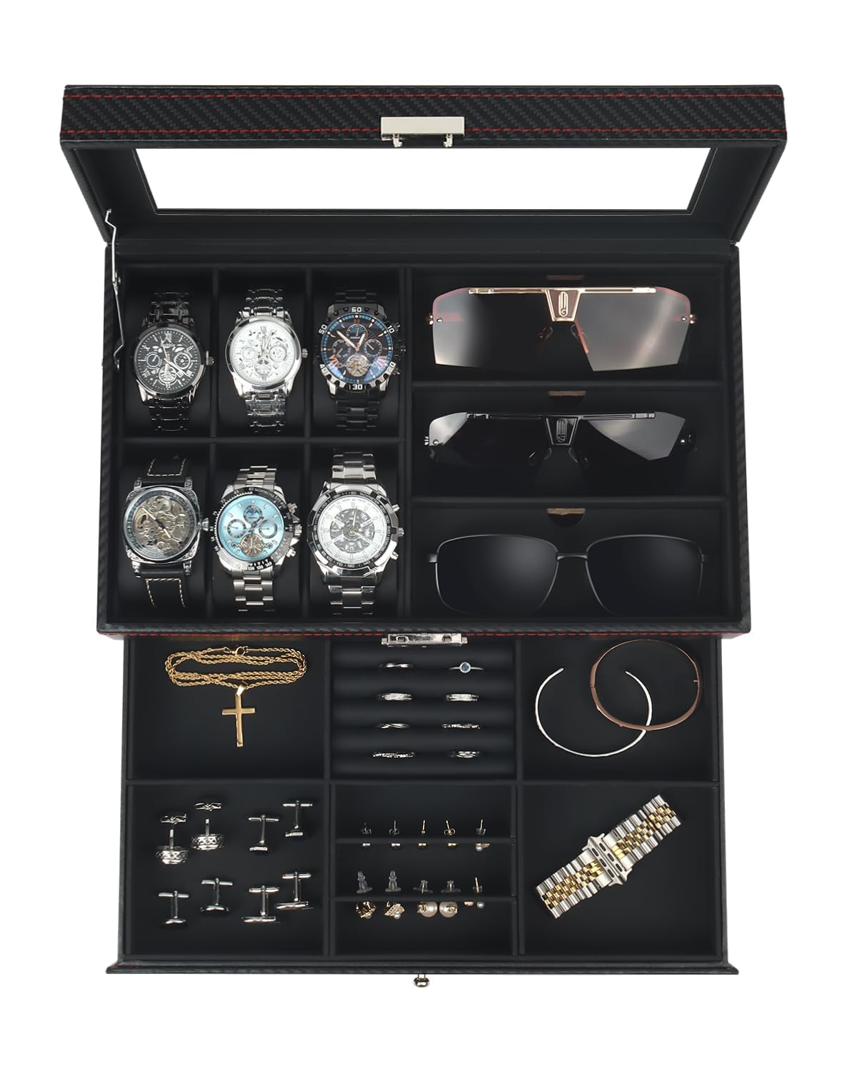 Watch Jewelry Box Organizer, 6-Slot 2-Layer Watch Case and Sunglasses Storage with Large Glass Lid, Men's Jewelry Box with Lock, Watch Holder Display Case, Fathers Day Gift for Dad