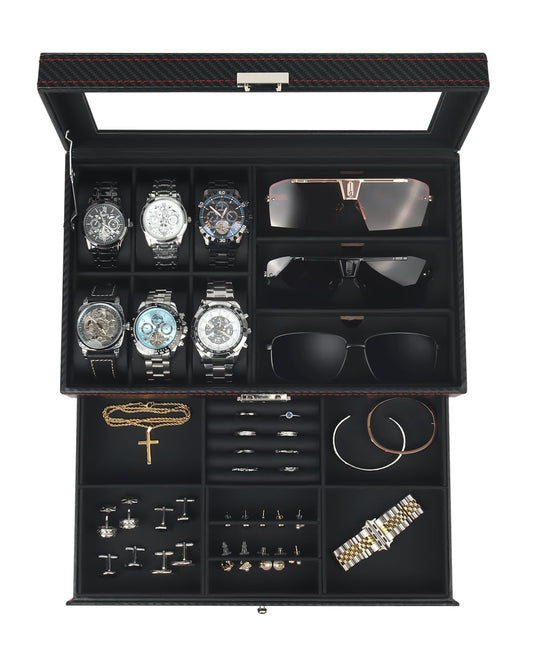 Kukikan Watch Jewelry Box Organizer, 6-Slot 2-Layer Watch Case and Sunglasses Storage with Large Glass Lid, Men's Jewelry Box with Lock, Watch Holder Display Case, Fathers Day Gift for Dad
