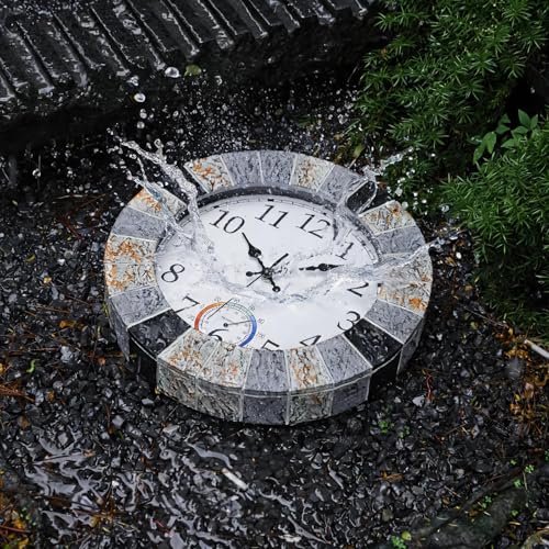 Outdoor Clock Waterproof with Thermometer, 13 Inch Silent Rustic Resin Wall Clock Weatherproof Decor for Patio Pool Garden Porch, Faux-Stone Brown