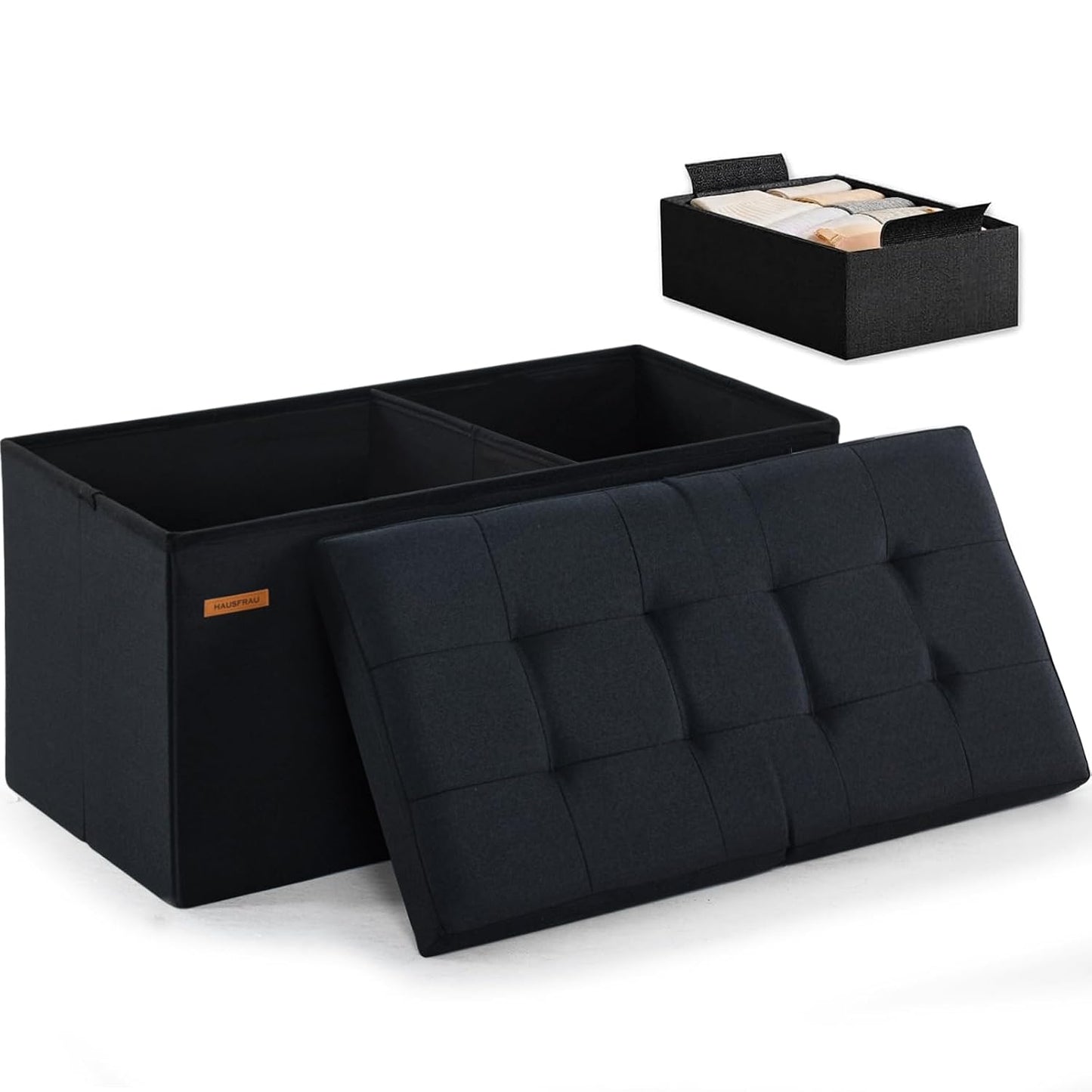 HAUSFRAU Ottoman with Storage Bench Folding Foot Rest Stool Linen Black | 31.5", Flip Lid, Small Upholstered Foldable Footrest Footstool, Bedroom Bench, Living Room Dorm Ottoman, Rectangle