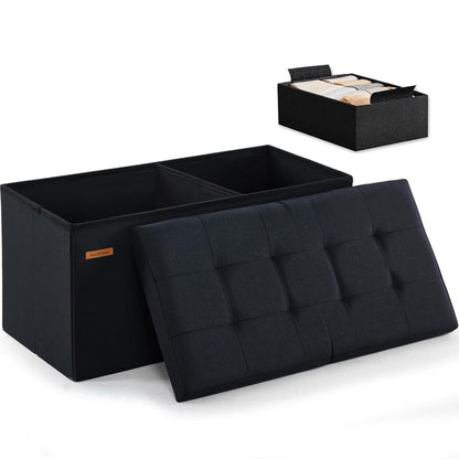 HAUSFRAU Ottoman with Storage Bench Folding Foot Rest Stool Linen Black | 31.5", Flip Lid, Small Upholstered Foldable Footrest Footstool, Bedroom Bench, Living Room Dorm Ottoman, Rectangle
