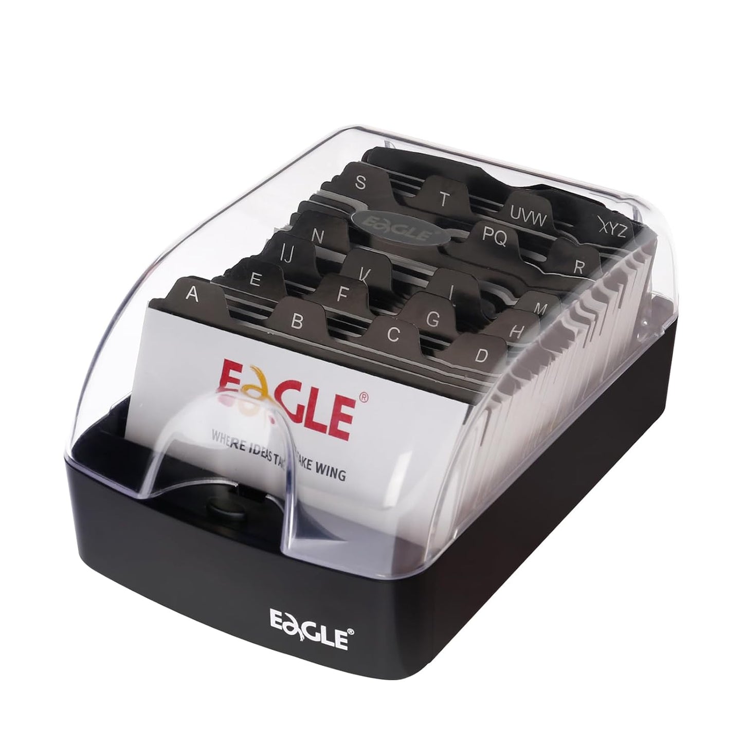 Eagle Business Card Box, Push-Button,Storage up to 350 Cards | Clear push-button cover, 20 A-Z index guides, adjustable card support, fits standard 2 x 3.5 in business cards, black