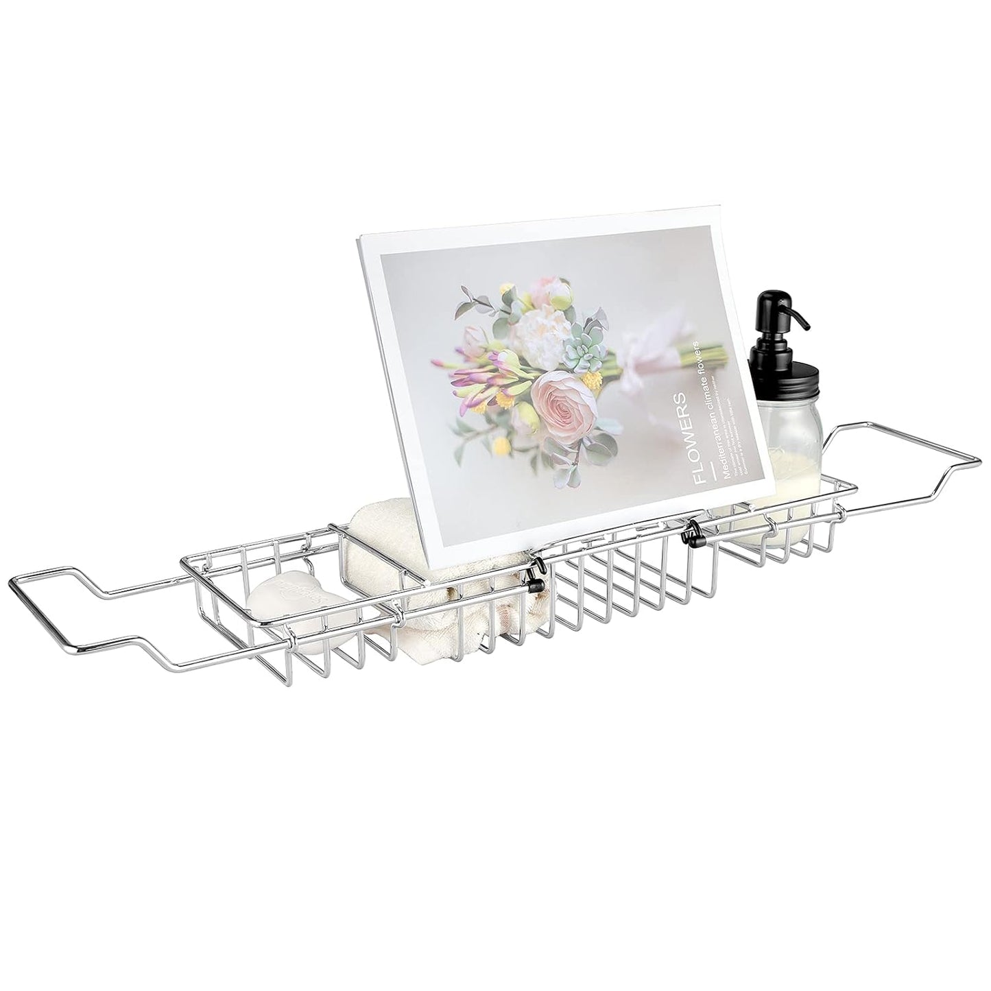 HOMEE Stainless Steel Shower Caddy Tray with Removable Book Holder Silver | European Style Extendable Rectangular Bathroom Tray for Shower Bath Phone IPad Book Holder Candleholder Table Shelf