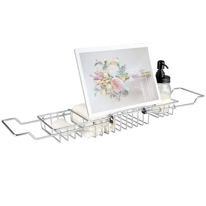 HOMEE Stainless Steel Shower Caddy Tray with Removable Book Holder Silver | European Style Extendable Rectangular Bathroom Tray for Shower Bath Phone IPad Book Holder Candleholder Table Shelf