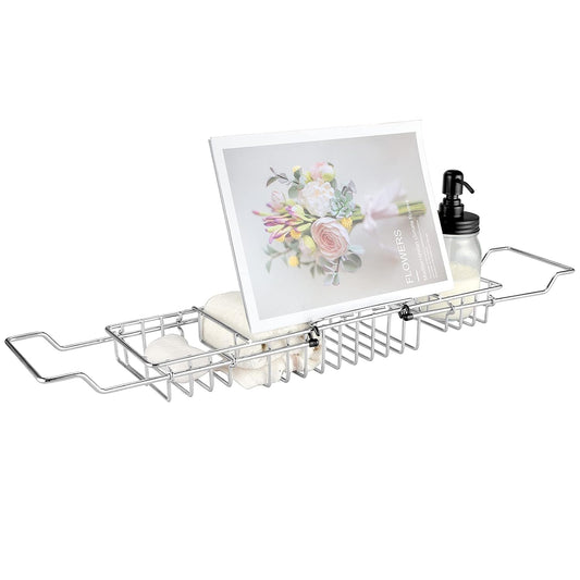 HOMEE Stainless Steel Shower Caddy Tray with Removable Book Holder Silver | European Style Extendable Rectangular Bathroom Tray for Shower Bath Phone IPad Book Holder Candleholder Table Shelf