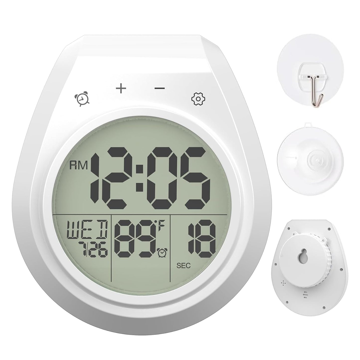 Shower Clock Timer Waterproof, Digital Bathroom Wall Clock with Temperature | w/Date, Suction Cup, for Mirror, Bath, Kitchen, Battery Operated, White
