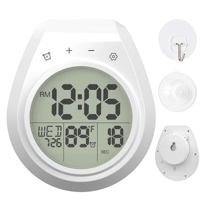 Shower Clock Timer Waterproof, Digital Bathroom Wall Clock with Temperature | w/Date, Suction Cup, for Mirror, Bath, Kitchen, Battery Operated, White