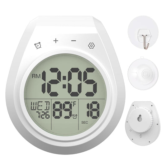 Shower Clock Timer Waterproof, Digital Bathroom Wall Clock with Temperature | w/Date, Suction Cup, for Mirror, Bath, Kitchen, Battery Operated, White