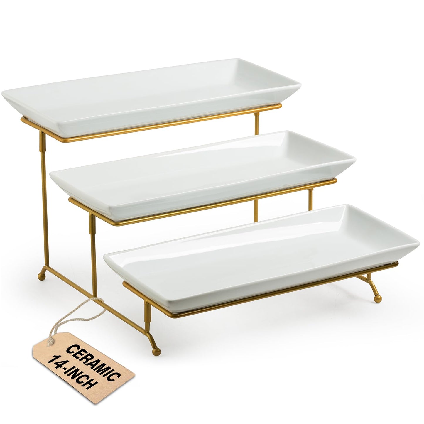 LAUCHUH Large 3 Tier Serving Stand Porcelain Tiered Serving Trays for Party | 14 Inch Serving Trays & Platters with Collapsible Sturdier Rack Dessert Party Display Set for Fruit Cupcake Snack Salad, Gold