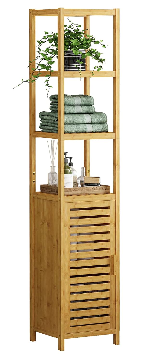 Storage Tall Slim Cabinet with Shutter Door and 3 Tier Shelves, Freestanding Linen Tower Cabinet for Living Room, Kitchen, Bathroom Organizer, Natural Bamboo