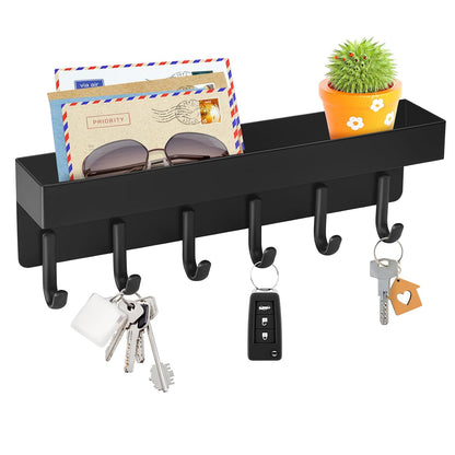 VIS'V Key Holder Wall Mount, Adhesive Key Rack with Tray, 6 Hooks, Black | 2 Mount Options, Compact Discreet Design, Suitable for Entryway, Hallway, Doorway, Kitchen, Garage, Camper