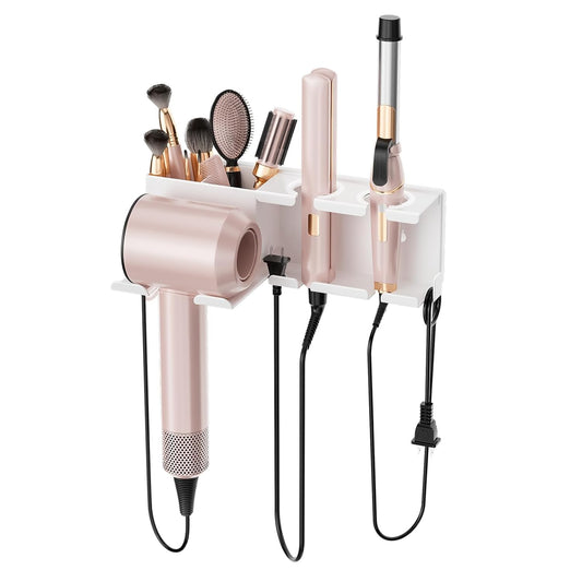 Hair Dryer Holder, Hair Tool Organizer Wall Mount, Adhesive or Drill, White | Blow Dryer Holder for Dryer Hook, Straightener Curling Irons Hairdryer Hair Appliance Hanger for Salon Bathroom Wall Storage