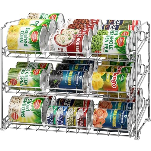 Simple Houseware 3-Tier Stackable Can Organizer Rack Hold 36 Cans, Chrome | Can Food Storage Dispenser for Pantry/Cabinet, Adjustable Dividers – 11.5" D x 17" W x 13.75" H