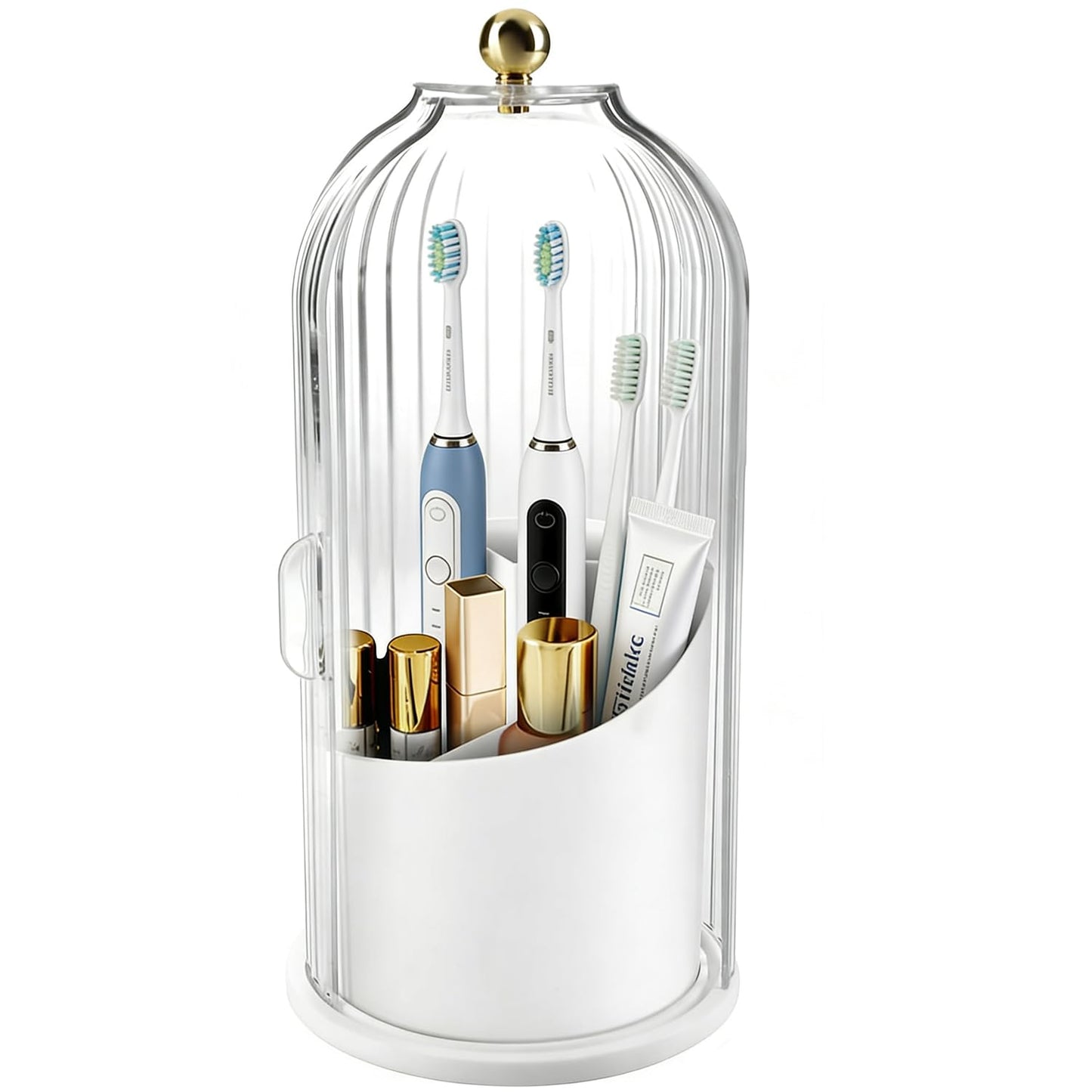 Bathroom Toothbrush Holder Organizer, 360° Rotating Toothbrush Storage Caddy with Dustproof Cover, Countertop Toothpaste Holder for Electric Toothbrushes, Makeup Brushes