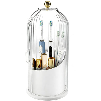 Bathroom Toothbrush Holder Organizer, 360° Rotating Toothbrush Storage Caddy with Dustproof Cover, Countertop Toothpaste Holder for Electric Toothbrushes, Makeup Brushes