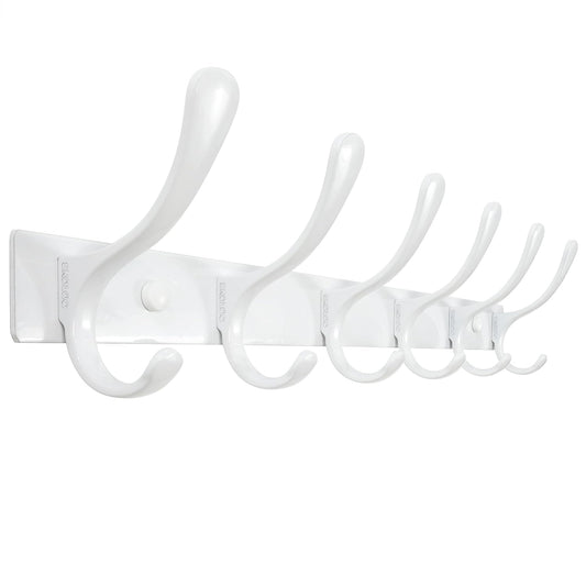 SKOLOO Heavy Duty Wall Mounted Coat Rack - 6 Hooks, Stainless Steel, Sturdy Coat Hooks for Hanging Clothes, Jacket, Hat, White
