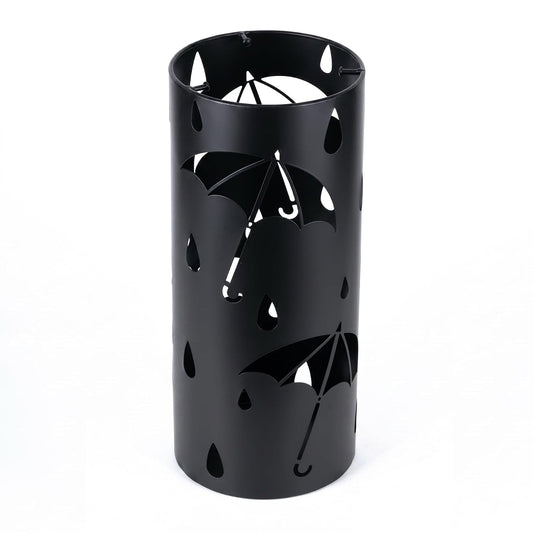 BEWBBAT Metal Umbrella Stand Rack for Entryway, Black Round Free Standing Umbrella Holder Organizer Bin with 3 Hooks for Walk Stick, Home Office Indoor, 17 x 7 Inch