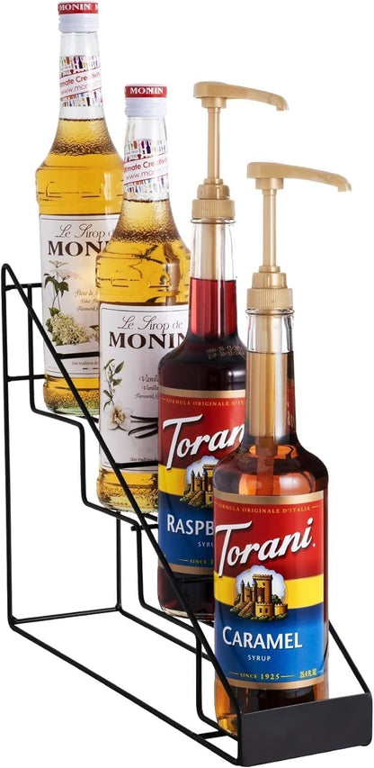 Coffee Syrup Organizer for Countertop, Stepped Syrup Rack Holds 4 Bottles, Freestanding Coffee Bar Organizer, Heavy Duty Carbon Steel Storage Rack for Home, Kitchen, Café & Bar