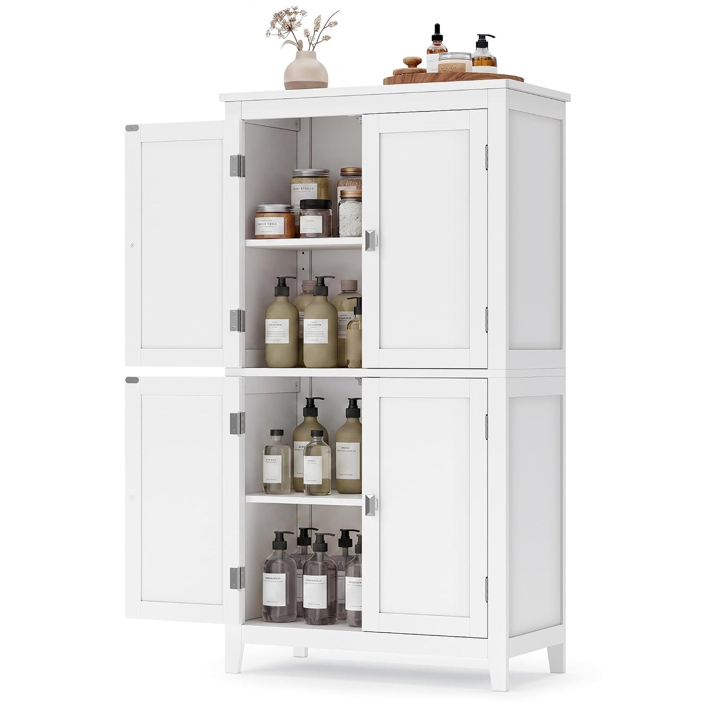SONGMICS HOME Freestanding Storage Cabinet, Floor Cabinet with Elevated Legs, Metal Handles, for Living Room, Kitchen, Bathroom, White