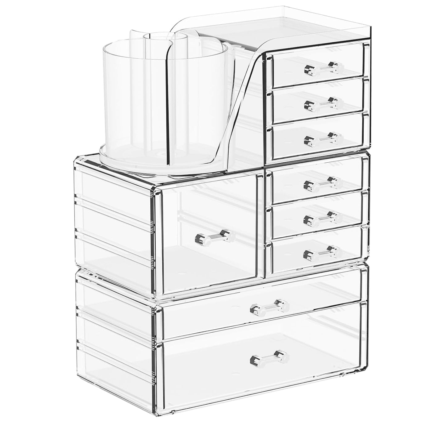 SuoXing 3 Pack Clear Acrylic Makeup Organizer for Vanity With 9 Drawer, Skincare Organizers Countertop With Make up Brush Holder,Bathroom Make up Drawer Storage for Beauty,Hair Accessories Organizer | Cute