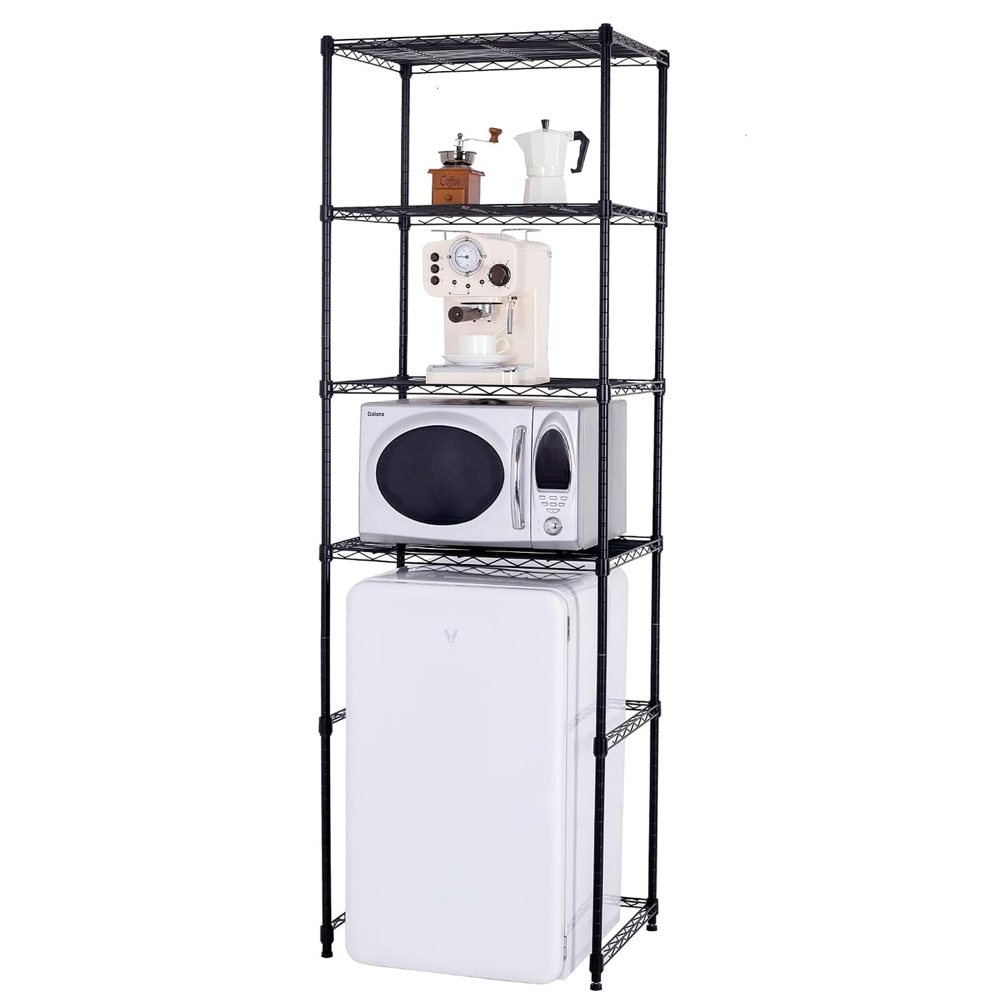 4 Tier Mini Fridge Shelf with Storage for Dorm, Black | Mini Fridge Storage Shelf, Microwave Stand, Adjustable Height Organizer, For Dorm, For Kitchen