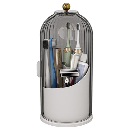 Toothbrush and Toothpaste Holders with Cover, Grey White | Waterproof and Dustproof, 360° Rotating Base, Smooth Sliding Door, 3 Slots, for Bathroom Countertop