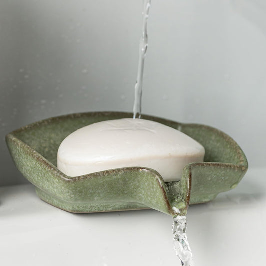 Zoeeker Self Draining Soap Dish, Ceramic Bar Soap Holder with Drainage | Soap Saver with Waterfall Design Soap Tray for Shower, Bathroom, Sink, Kitchen and Countertop, Farmhouse Kitchen Decor, Green