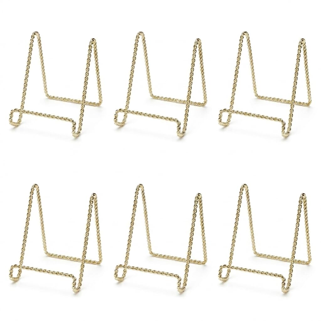 HOHIYA 3" Gold Plate Display Stands 6 Pack Mini Metal Easels | Compact metal easels display decorative plates, photos, frames, artwork and collectibles on shelves or tabletops.