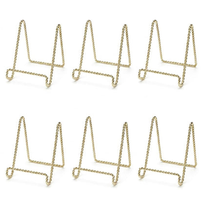 HOHIYA 3" Gold Plate Display Stands 6 Pack Mini Metal Easels | Compact metal easels display decorative plates, photos, frames, artwork and collectibles on shelves or tabletops.