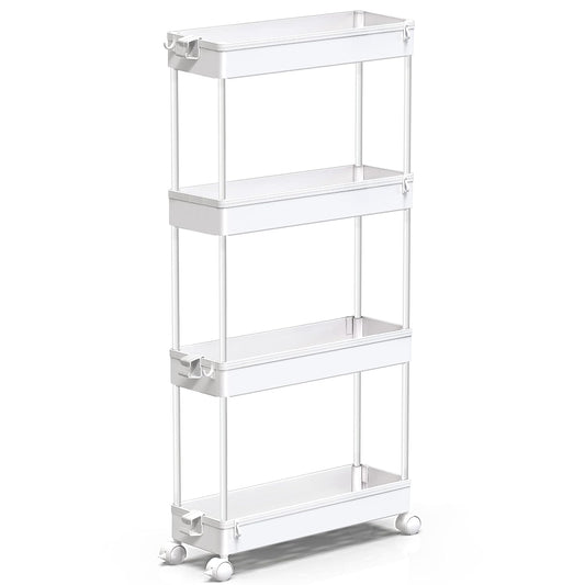 SPACEKEEPER Slim Rolling Storage Cart, 4 Tier Bathroom Cart Organizer,White | Narrow Rolling Cart with Wheels for Kitchen Office Bathroom Laundry Room,Mobile Utility Cart for Craft Art Makeup Nail Polish