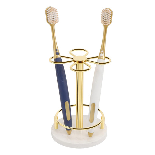 Toothbrush Holder Stand for Bathroom, Metal Toothbrush Organizer with Marble Base, Toothbrush Storage Collection for Family, Suitable for Home Hotel Countertop Vanity (Small, Gold)