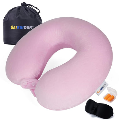 SAIREIDER Travel Neck Pillow 100% Memory Foam, Airplane Rest Prevents Head from Falling Forward, Plane Accessories with Storage Bag, Sleep Mask and Earplugs (Pink)